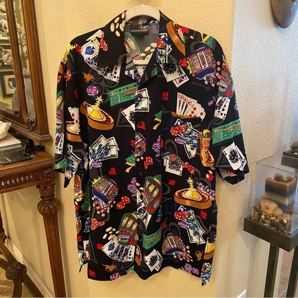 Vintage ANDRADE 2002 Las Vegas Fun Print Button Short Sleeve Top Size Large